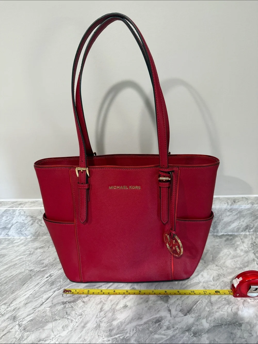 Michael Kors Bright Red Saffiano Leather Tote with Gold Hardware